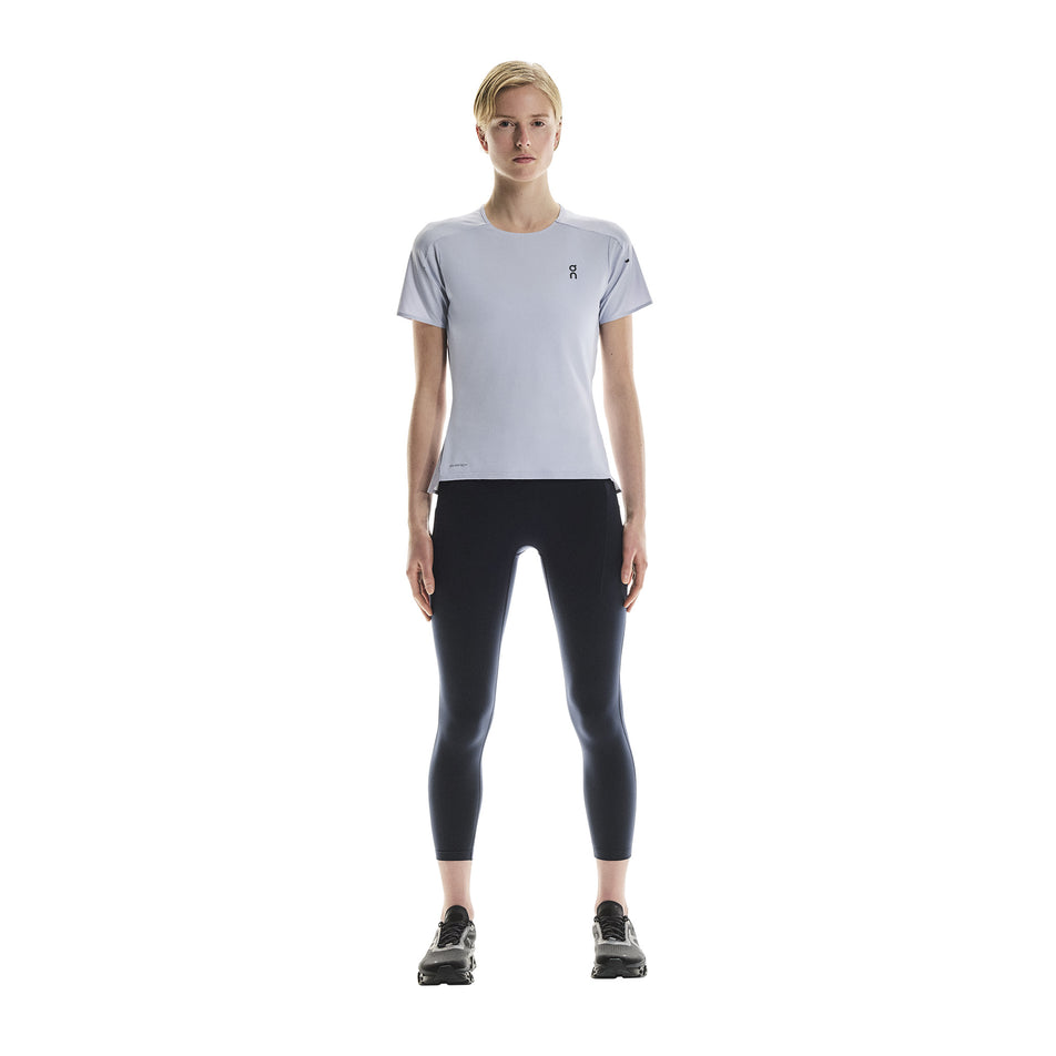 Front view of a model wearing the On Women's Performance-T in the Nimbus/Lilac colourway. (8715633262754)