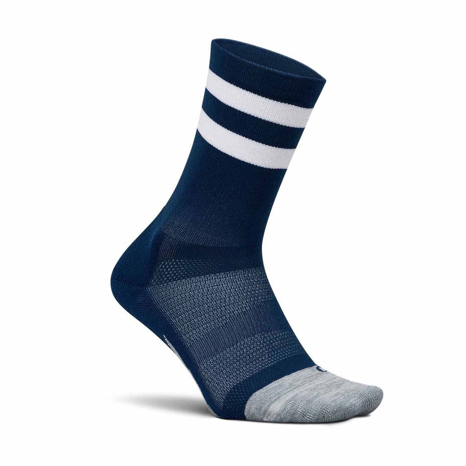 Lateral side of the right sock from a pair of Feetures Unisex Elite Light Cushion Mini Crew in the Navy High Top Stripe colourway. (8583375978658)