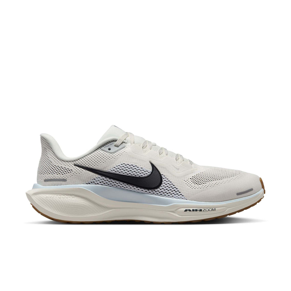 Lateral view of the right shoe from a pair of Nike Men's Pegasus 41 Road Running Shoes in the Sail/Anthracite-Blue Tint-Wolf Grey colourway. (8613912969378)
