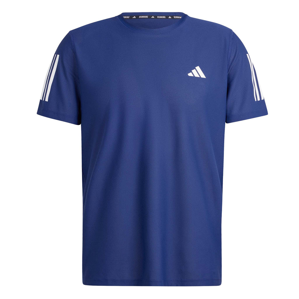 Front view of an adidas Men's Own The Run T-Shirt in the Dark Blue colourway. (8449482588322)