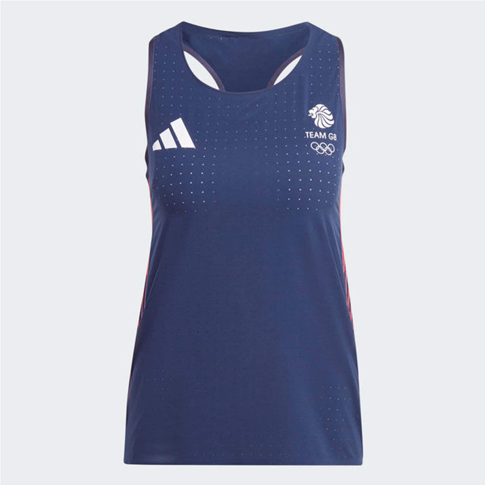 Front view of an adidas Women's Team GB Adizero Running Tank Top in the Legend Ink colourway. (8323995795618)