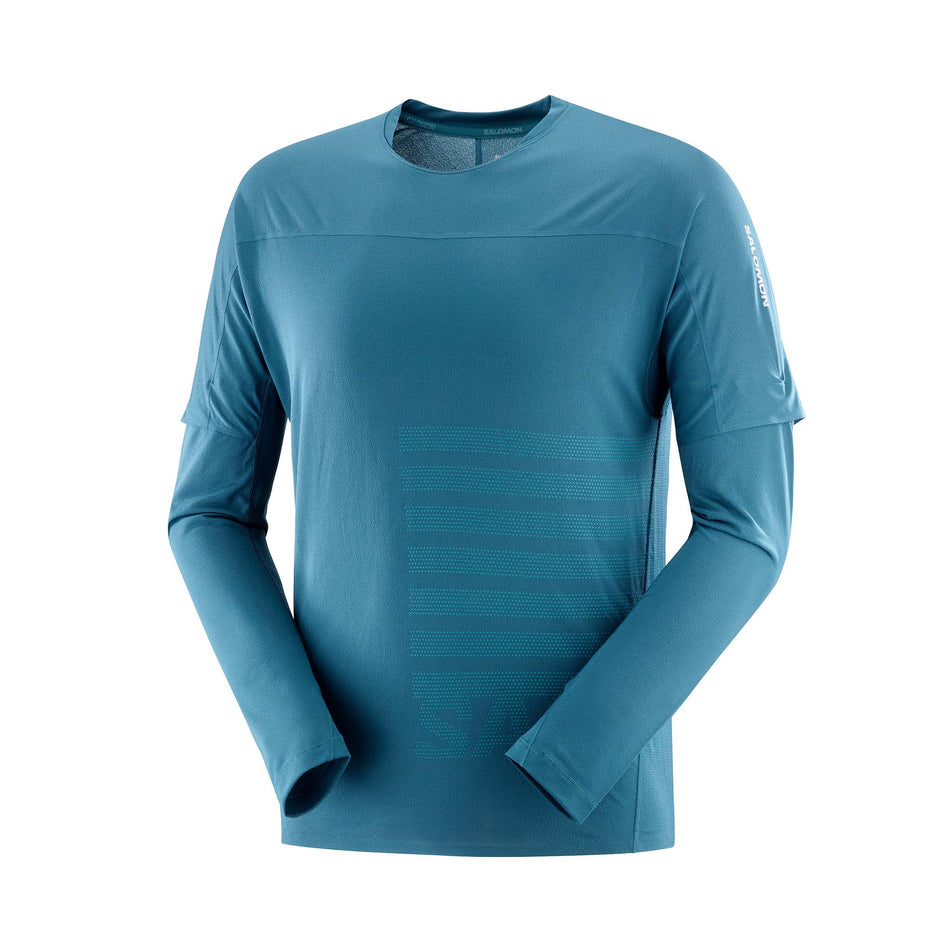 Front view of a Salomon Men's Sense Aero GFX Long Sleeve T-Shirt in the Deep Dive/Tahitian Tide colourway (8157822812322)
