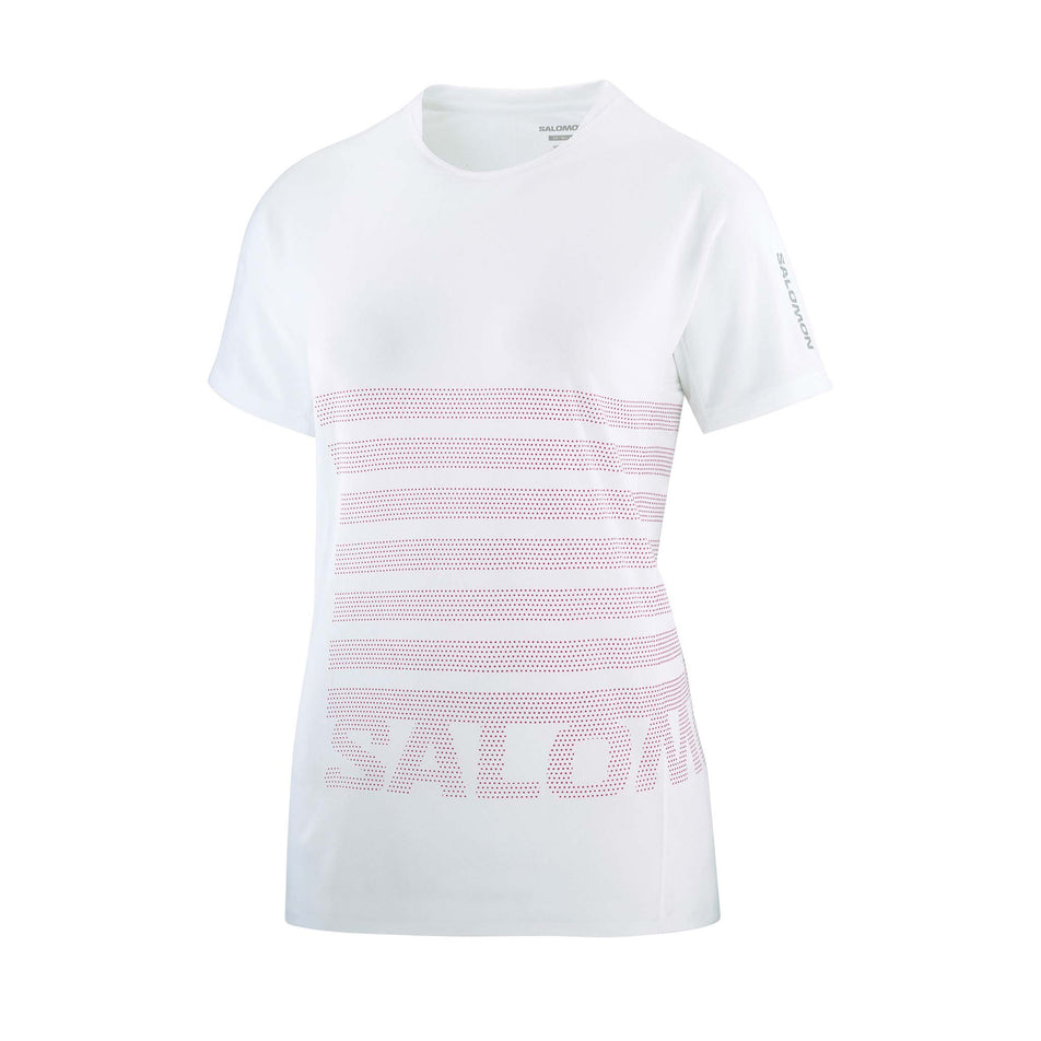Front view of a Salomon Women's Sense Aero GFX Short Sleeve Tee in the White/Beetroot Purple colourway (8157870850210)
