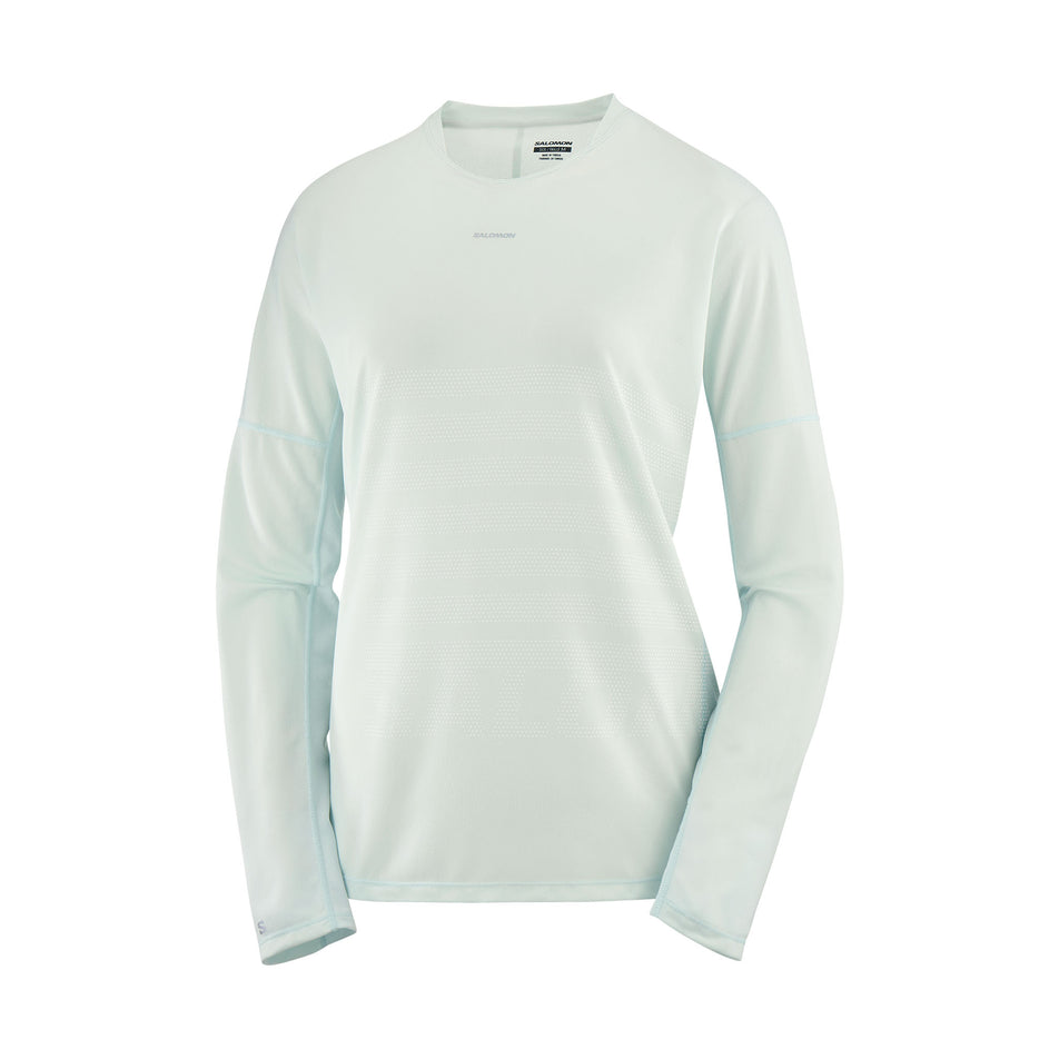 Front view of a Salomon Women's Sense Aero Graphic Long Sleeve T-Shirt in the Misty Blue/White colourway. (8464072999074)