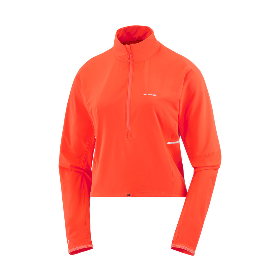 Front view of a Salomon Women's Sense Aero Hybrid Cropped Half Zip Midlayer in the Cherry Tomato colourway (8462927102114)