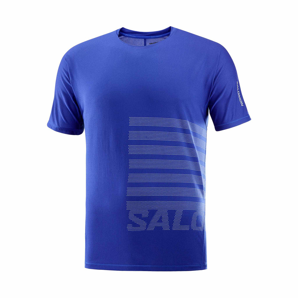 Front view of a Salomon Men's Sense Aero Graphic Short Sleeve T-Shirt in the Surf The Web/Rainy Day colourway. (8464271802530)
