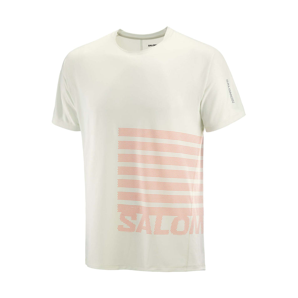 Front view of the Salomon Men's Sense Aero Graphic Short Sleeve T-Shirt in the Icicle/Neon Flame colourway. (8575560482978)
