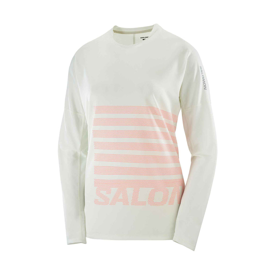Front view of the Salomon Women's Sense Aero Graphic Long Sleeve T-Shirt in the Icicle/Neon Flame colourway. (8574193696930)