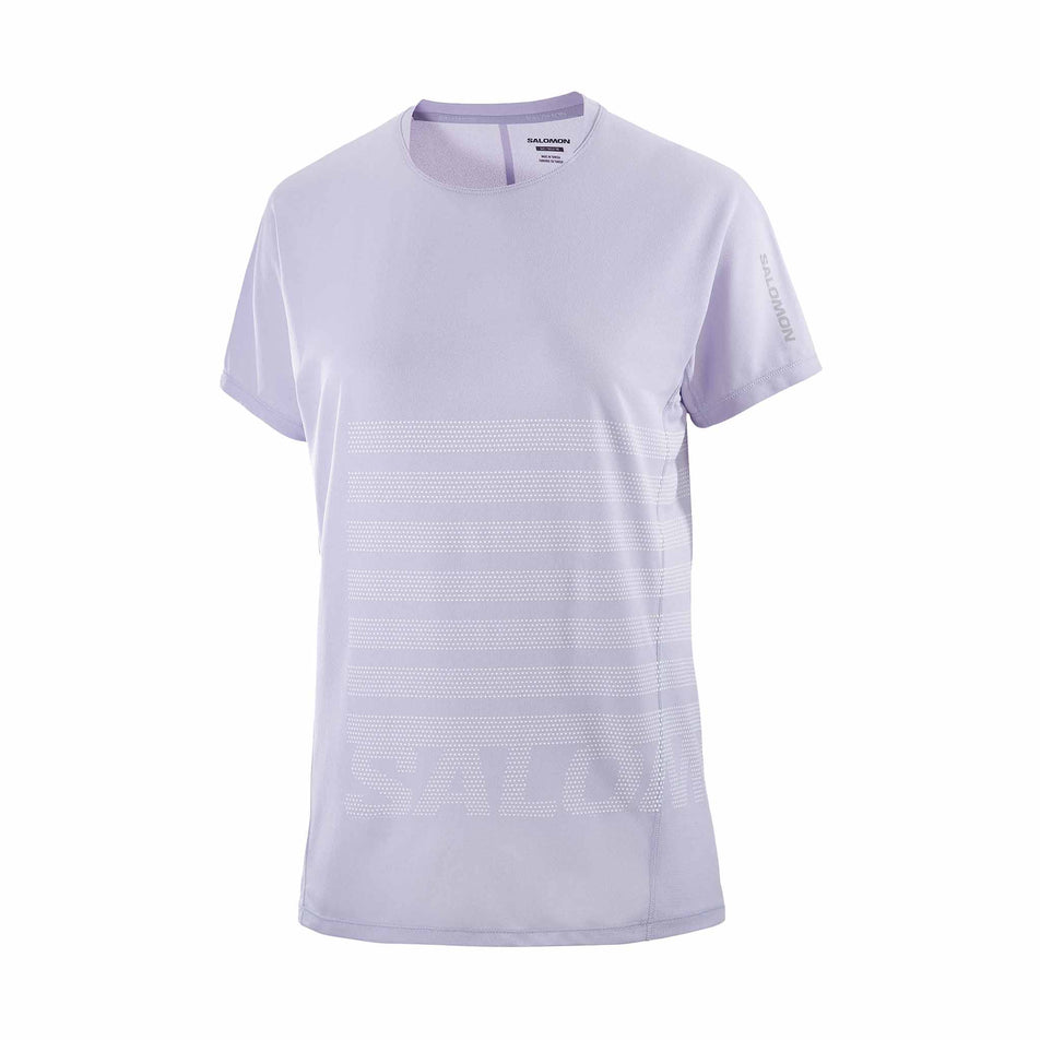 Front view of the Salomon Women's Sense Aero Graphic Short Sleeve T-Shirt in the Cosmic Sky/White colourway. (8574209523874)