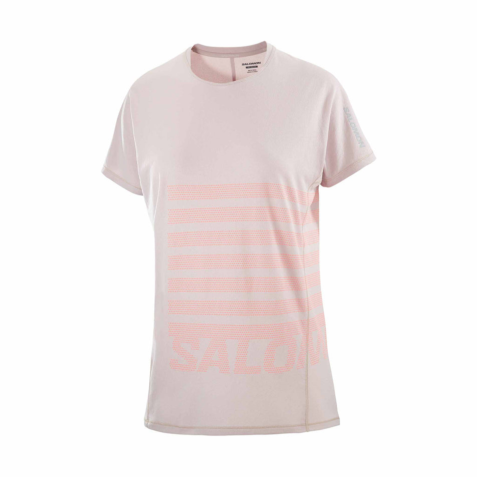 Front view of the Salomon Women's Sense Aero Graphic Short Sleeve T-Shirt in the Etherea/Neon Flame colourway. (8574203855010)