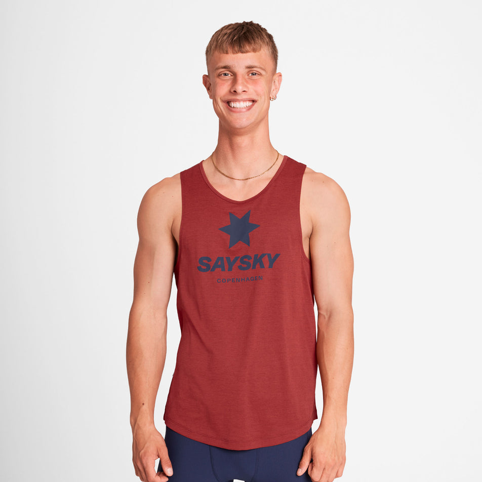 Front view of a model wearing the SAYSKY Men's Logo Combat Pro Singlet in the Red colourway. (8730910490786)