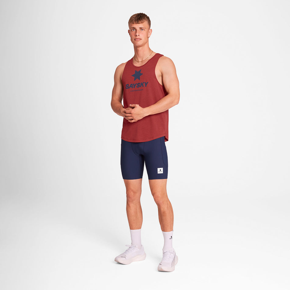 Front view of a model wearing the SAYSKY Men's Logo Combat Pro Singlet in the Red colourway. (8730910490786)