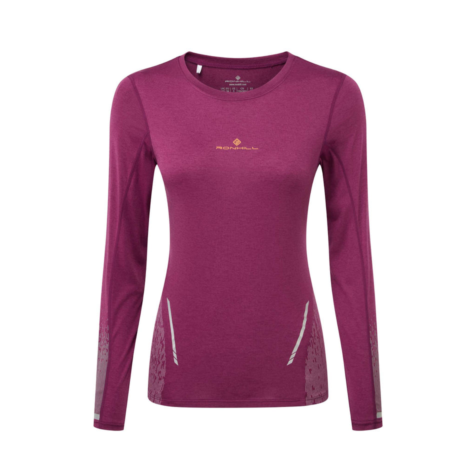 Front view of a Ronhill Women's Tech Reflect L/S Tee in the Blackcurrant/Reflect colourway. (8489740435618)