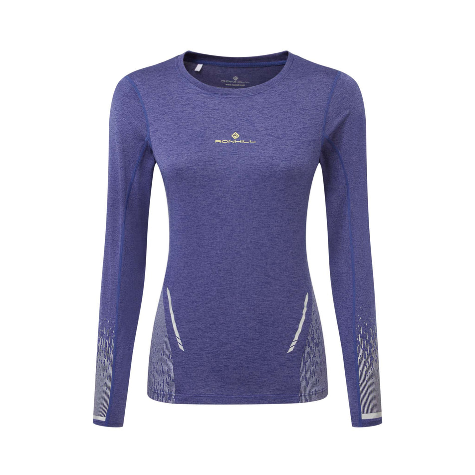 Front view of a Ronhill Women's Tech Reflect L/S Tee in the Deep Ocean/Reflect colourway. (8489718874274)