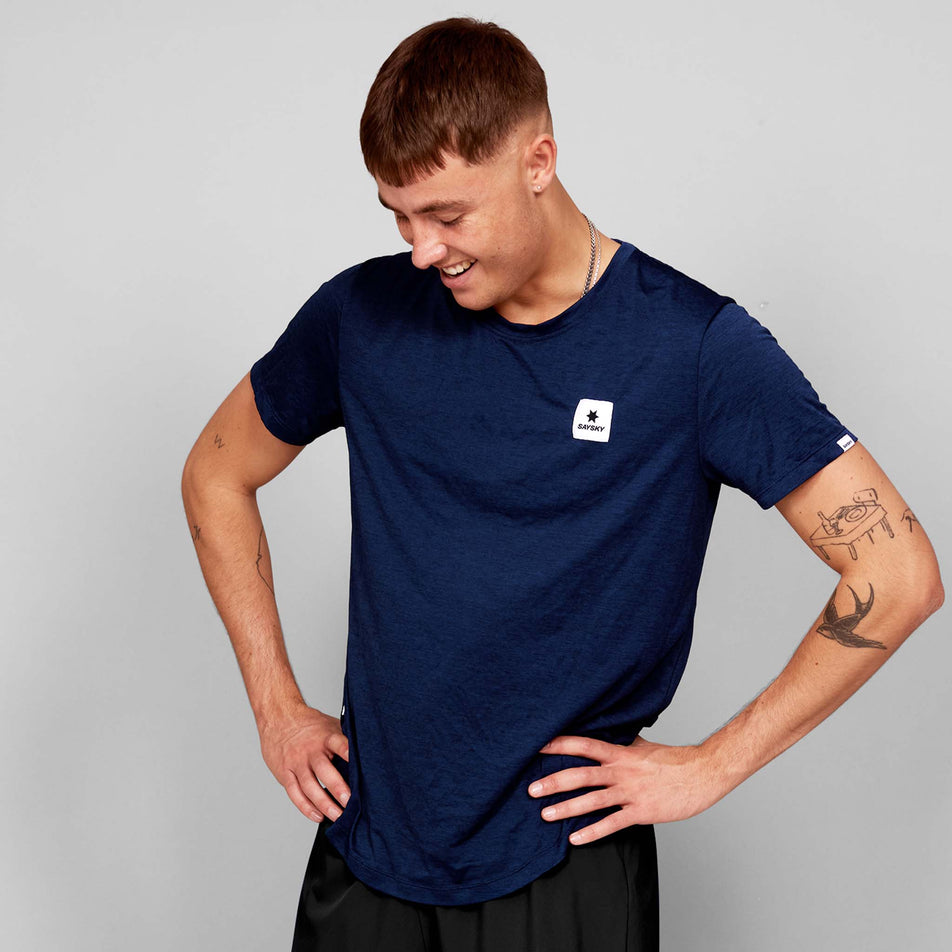 Front view of a model wearing the SAYSKY Men's Clean Combat Pro T-Shirt in the Blue colourway. (8730925400226)