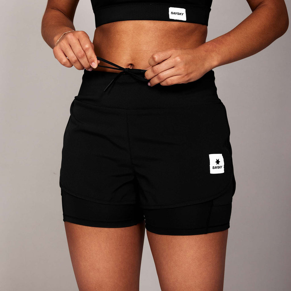 The drawcord on the front of the SAYSKY Women's 2 In 1 Pace Shorts 3